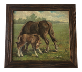 1940s English Oil Painting of Two Horses in Custom Frame
