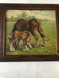 1940s English Oil Painting of Two Horses in Custom Frame