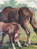 1940s English Oil Painting of Two Horses in Custom Frame
