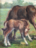 1940s English Oil Painting of Two Horses in Custom Frame