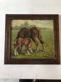 1940s English Oil Painting of Two Horses in Custom Frame