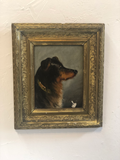 Antique English Dog Oil in Carved Wood Frame