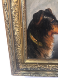 Antique English Dog Oil in Carved Wood Frame