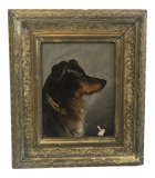 Antique English Dog Oil in Carved Wood Frame