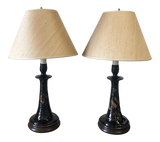 Black and Brown Pottery Lamps With Wood Bases and Rice Shades - a Pair