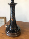 Black and Brown Pottery Lamps With Wood Bases and Rice Shades - a Pair