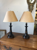 Black and Brown Pottery Lamps With Wood Bases and Rice Shades - a Pair