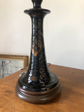 Black and Brown Pottery Lamps With Wood Bases and Rice Shades - a Pair