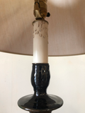 Black and Brown Pottery Lamps With Wood Bases and Rice Shades - a Pair