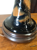 Black and Brown Pottery Lamps With Wood Bases and Rice Shades - a Pair