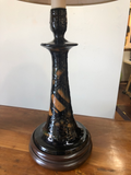 Black and Brown Pottery Lamps With Wood Bases and Rice Shades - a Pair