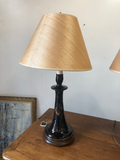Black and Brown Pottery Lamps With Wood Bases and Rice Shades - a Pair