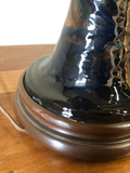 Black and Brown Pottery Lamps With Wood Bases and Rice Shades - a Pair
