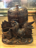 Black Forest Wood Carved Tobacco Jar With Rooster