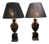 Black Glazed Ceramic Urn Lamps With Amphora and Greek Key Detail