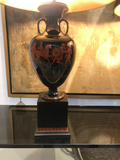 Black Glazed Ceramic Urn Lamps With Amphora and Greek Key Detail