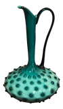 Italian Deep Turquoise/Teal Blue Glass Hobnail Vase With Handle