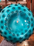 Italian Deep Turquoise/Teal Blue Glass Hobnail Vase With Handle