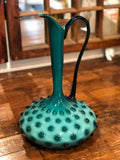 Italian Deep Turquoise/Teal Blue Glass Hobnail Vase With Handle