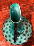 Italian Deep Turquoise/Teal Blue Glass Hobnail Vase With Handle