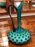 Italian Deep Turquoise/Teal Blue Glass Hobnail Vase With Handle