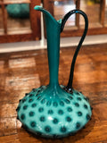 Italian Deep Turquoise/Teal Blue Glass Hobnail Vase With Handle