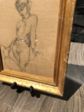 Pencil of Woman With Dog on a Leash in Gilt Frame