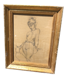 Pencil of Woman With Dog on a Leash in Gilt Frame