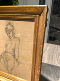 Pencil of Woman With Dog on a Leash in Gilt Frame