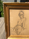 Pencil of Woman With Dog on a Leash in Gilt Frame