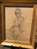 Pencil of Woman With Dog on a Leash in Gilt Frame