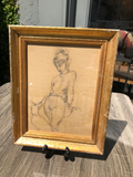 Pencil of Woman With Dog on a Leash in Gilt Frame