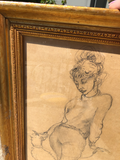 Pencil of Woman With Dog on a Leash in Gilt Frame