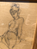 Pencil of Woman With Dog on a Leash in Gilt Frame