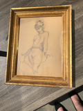 Pencil of Woman With Dog on a Leash in Gilt Frame