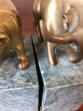 Solid Brass Bulls and Bears Bookends on Green Marble Bases, a Pair