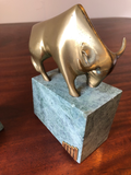 Solid Brass Bulls and Bears Bookends on Green Marble Bases, a Pair
