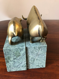Solid Brass Bulls and Bears Bookends on Green Marble Bases, a Pair