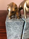 Solid Brass Bulls and Bears Bookends on Green Marble Bases, a Pair