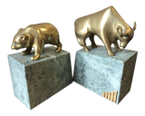 Solid Brass Bulls and Bears Bookends on Green Marble Bases, a Pair