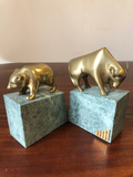 Solid Brass Bulls and Bears Bookends on Green Marble Bases, a Pair