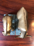 Solid Brass Bulls and Bears Bookends on Green Marble Bases, a Pair