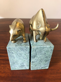 Solid Brass Bulls and Bears Bookends on Green Marble Bases, a Pair