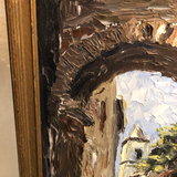 "Thru the Arches of Arles, France" Signed Oil Painting on Board in Wooden Frame