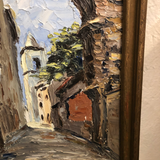 "Thru the Arches of Arles, France" Signed Oil Painting on Board in Wooden Frame