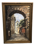 "Thru the Arches of Arles, France" Signed Oil Painting on Board in Wooden Frame