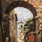 "Thru the Arches of Arles, France" Signed Oil Painting on Board in Wooden Frame