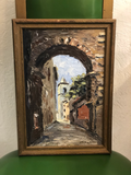 "Thru the Arches of Arles, France" Signed Oil Painting on Board in Wooden Frame