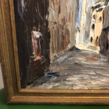 "Thru the Arches of Arles, France" Signed Oil Painting on Board in Wooden Frame