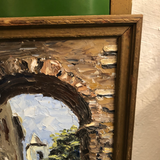 "Thru the Arches of Arles, France" Signed Oil Painting on Board in Wooden Frame